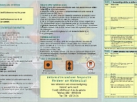 adrkaartje2  Achterkant van de voorlichtingsfolder. Links de kenmerken van vervoer in tanks, in het midden het vervoer tijdens weer en in tunnels, rechts tabel 3 en 4: routeplichtige en tunnels